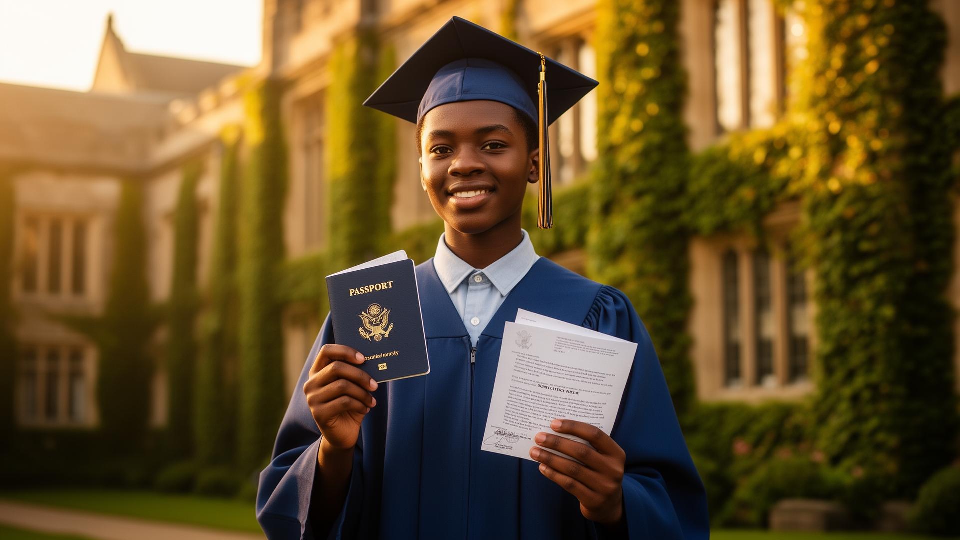 Smiling Nigerian student in graduation gown holding a passport and admission letter